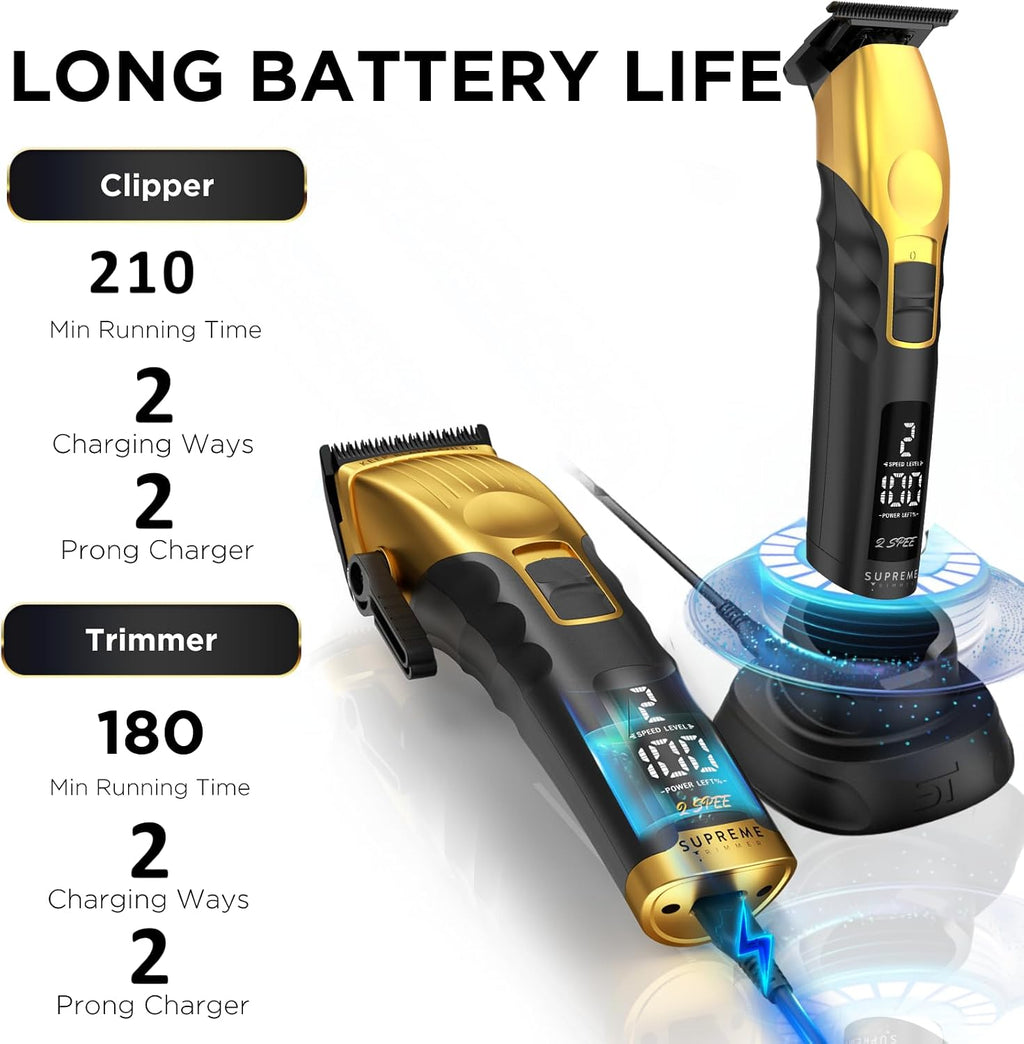 Supreme Trimmer 2-in-1 2Spee Beard Trimmer & Hair Clipper Combo | Removable Blades, 2 Speeds, LCD Display | Cordless Professional Barber Tools - Easy Color Coded Clipper Guide Combs | STB280 (Gold)