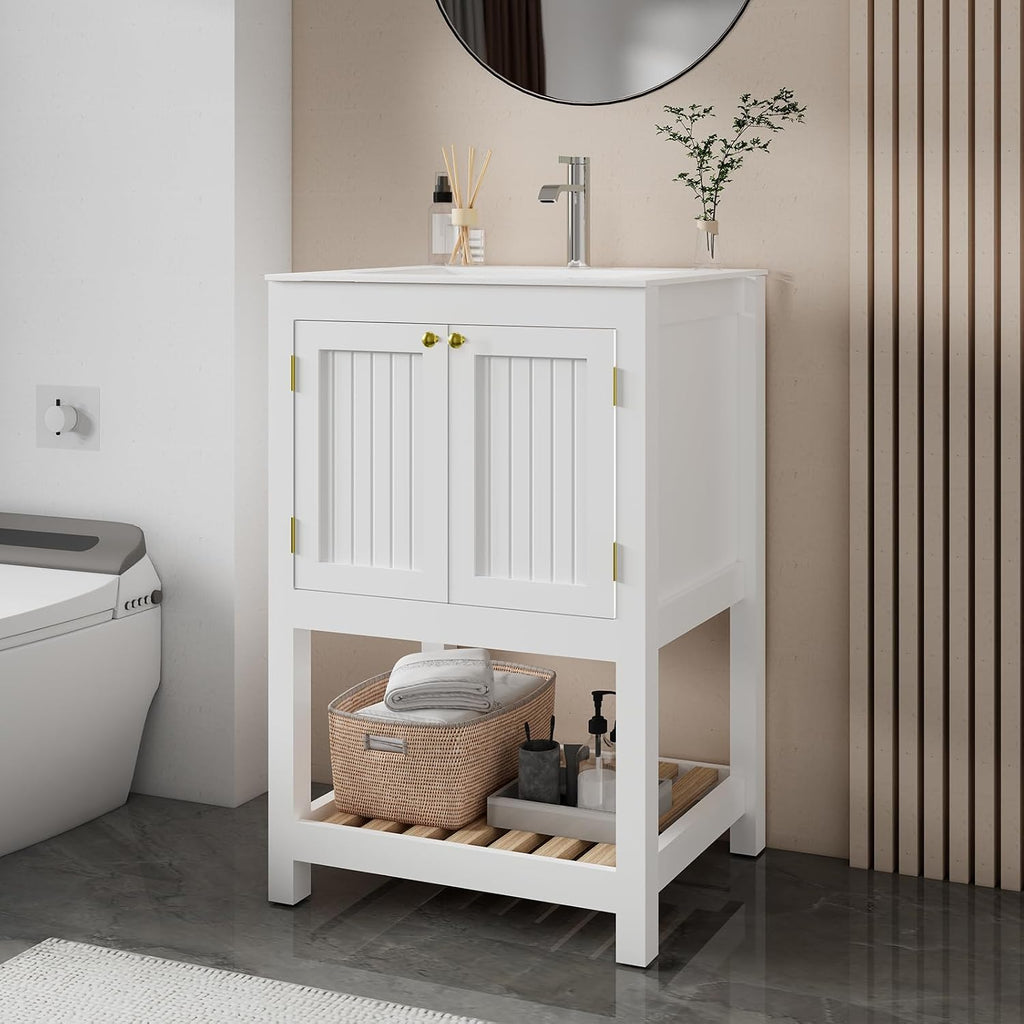 24 Inch Small Bathroom Vanity with Sink, Modern Bathroom Sink Cabinet with Open Shelf, Ceramic Basin, White