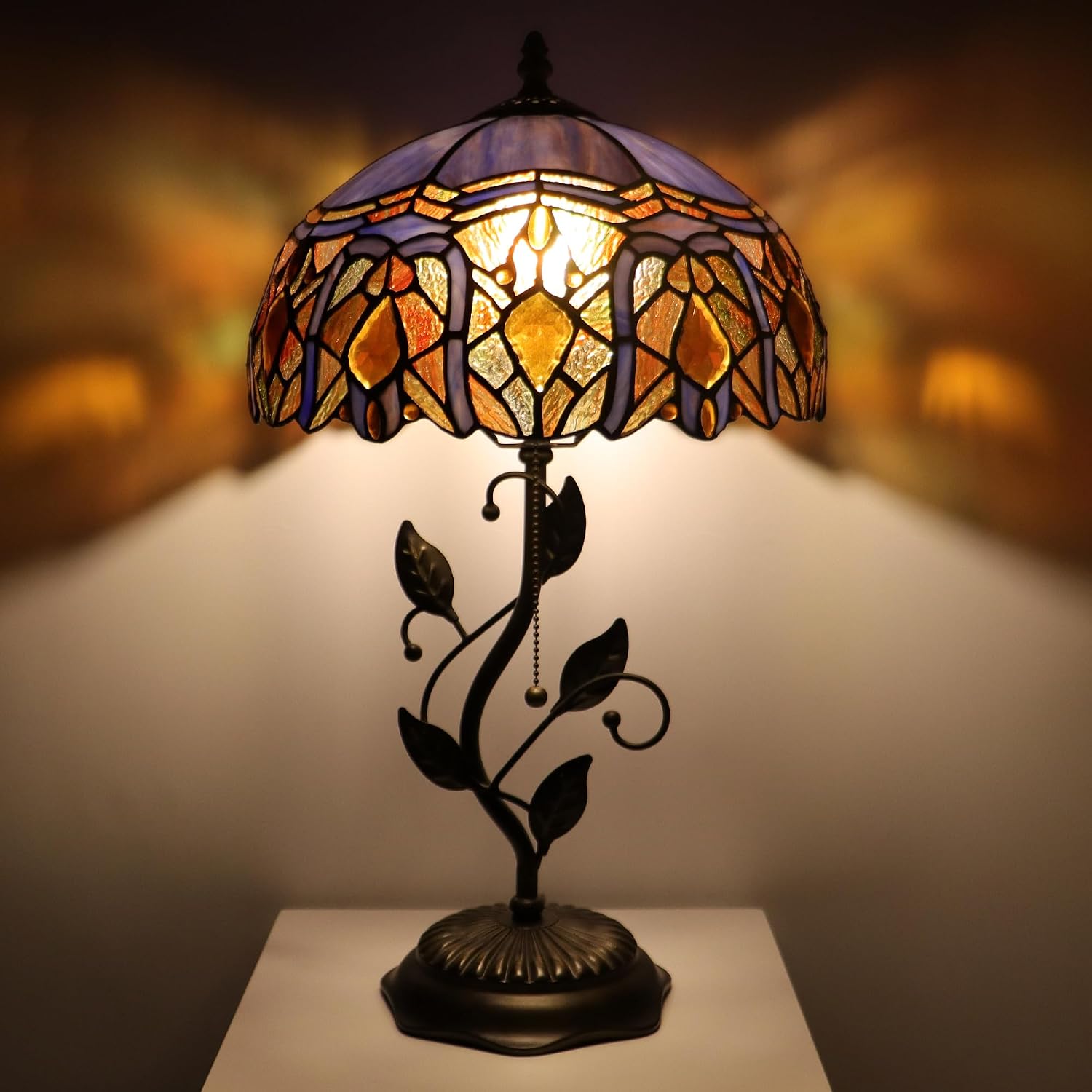 Tiffany Lamp Purple Brown Jewelry Baroque Style Stained Glass Table Lamp Desk Bedside Reading Light 12X12X19 Inches Bronze Resin Metal Leaf Base