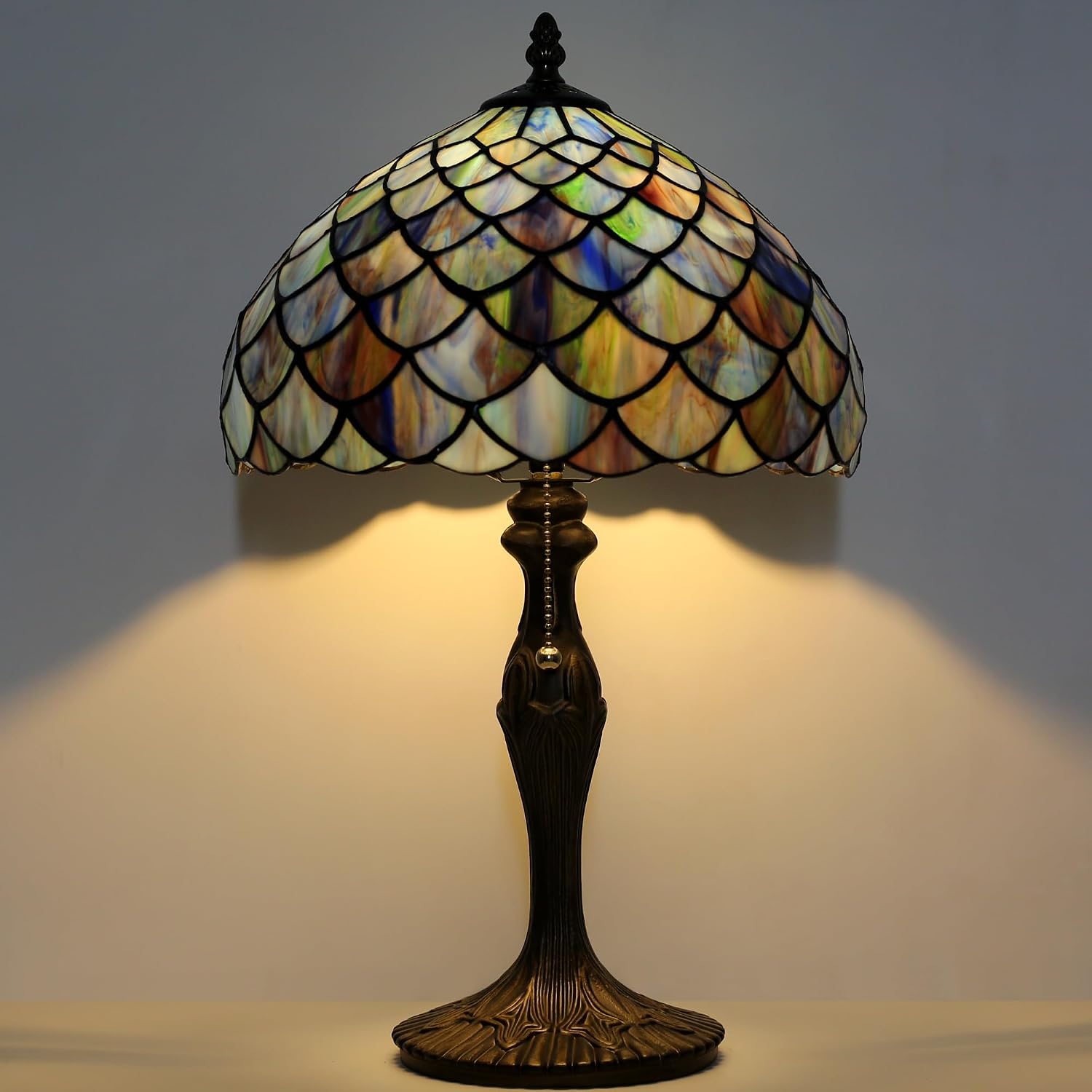 Tiffany Lamp Stained Glass Table Lamp 12' x 19' Blue Fish Scales Style Decorative Lamp Bedside Reading Lamp for Desk Living Room Bedroom Office Study Light Home Decor Gift