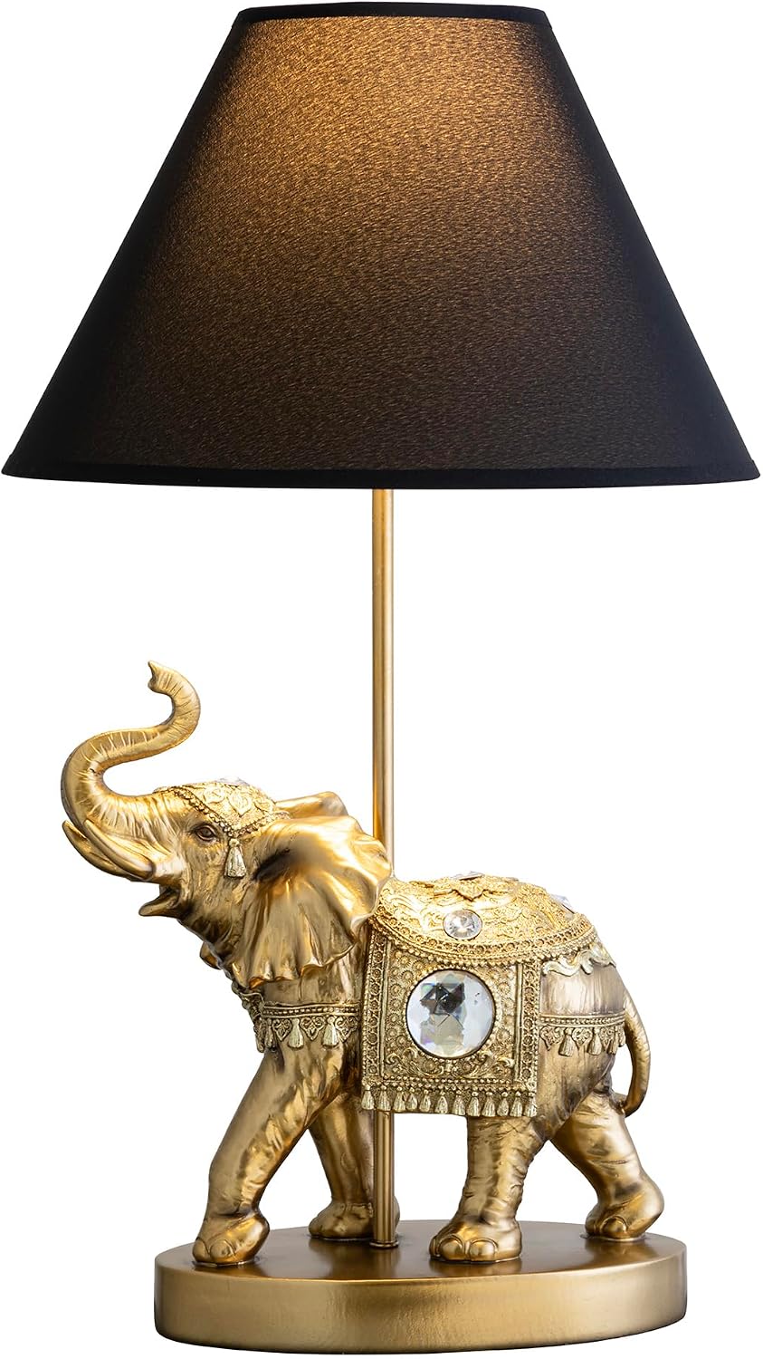 ICE ARMOR 18.5' Detailed Craftsmanship Golden Elephant Table Lamp - Bedside Light with Fabric Shade, Exotic Decor & Cultural Ambiance