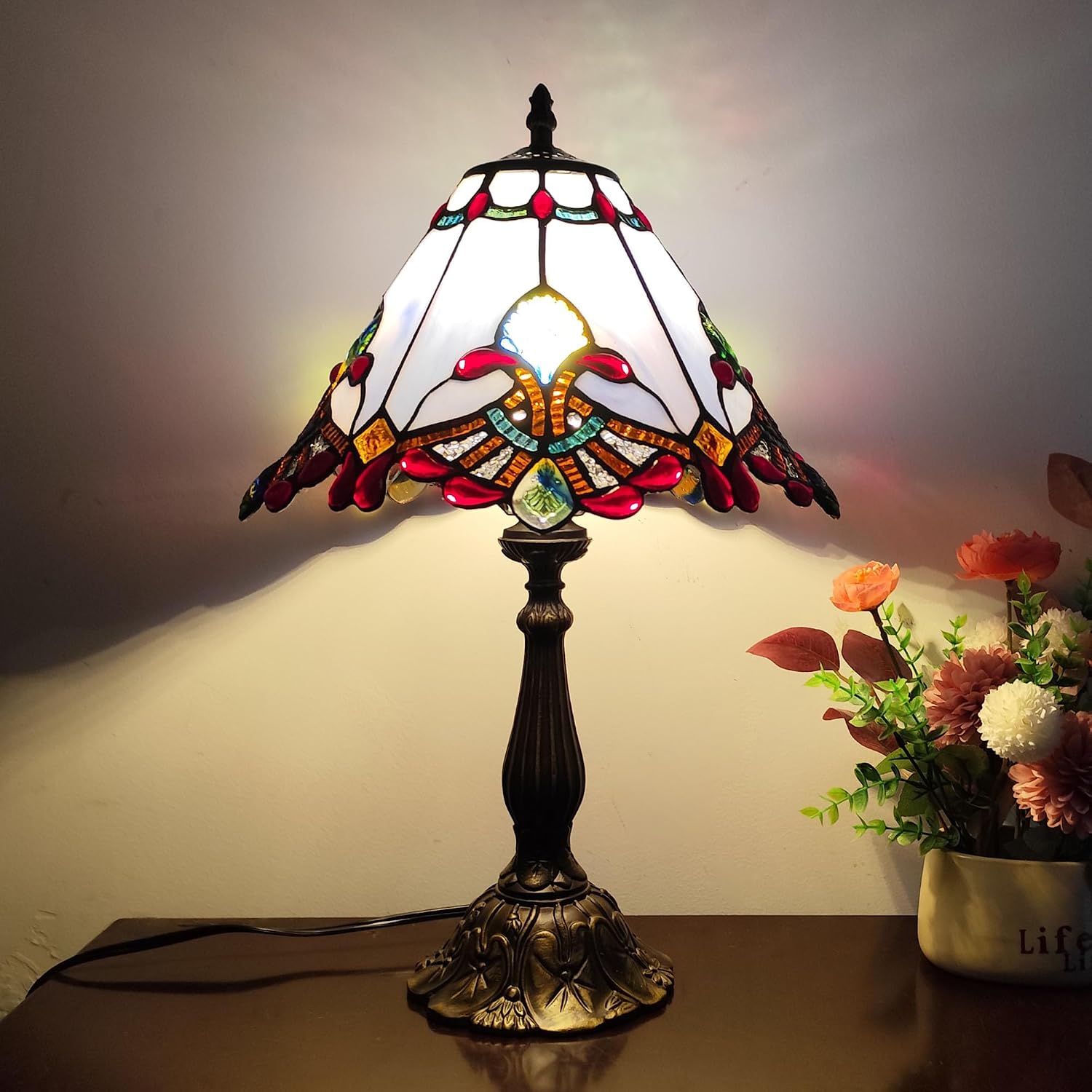 Tiffany Table Lamp Purple Baroque Style Stained Glass Lamp 12X12X19 Inch Antique Lamp for Office Home Bedroom Living Include 3-Color LED Bulb
