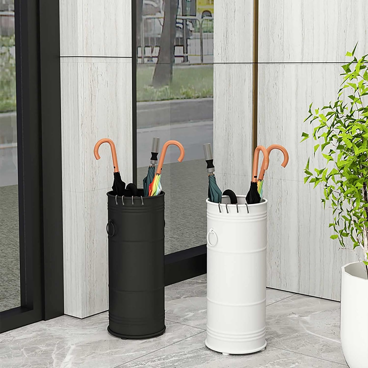 Metal Umbrella Holder Stand - Creative Postbox Type Umbrella Holder Rack Simple and Stylish with Drip Tray and 4 Hooks - for Canes Walking Sticks Entryway Office, Black (Color : Black)