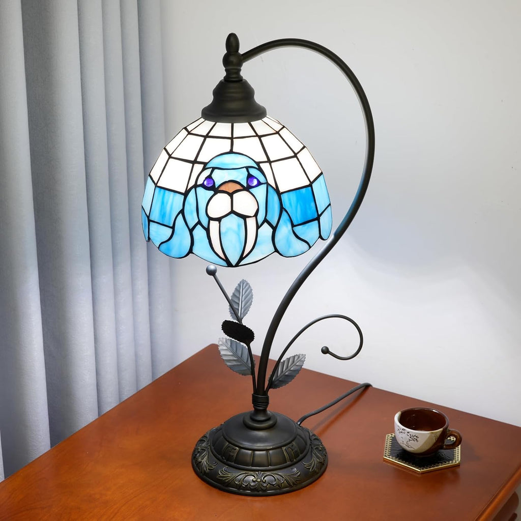 Tiffany Table Lamp Blue Walrus Stained Glass Bedside Lamp Tiffany Style S Metal Leaves Desk Light for Home Living Room Office Dormitory Bar Family Friends Gift