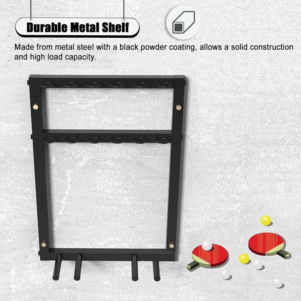 Ping Pong Paddles Holder Wall-Mount, Metal Table Tennis Storage Rack for Game Room/Garage/Gym - Holds 12 Balls & 6 Paddles, Space Saving Display Stand Holder Shelf Sport Equipment Organizer