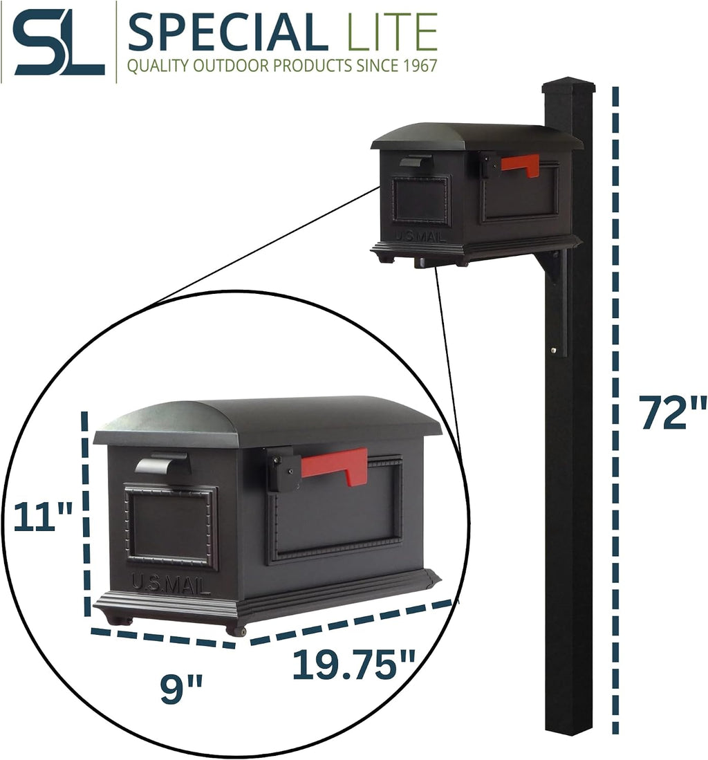 Special Lite Traditional Curbside Mailbox with Wellington Post - Black Aluminum Mailbox with Post - SCT1010_SPK720-BLK