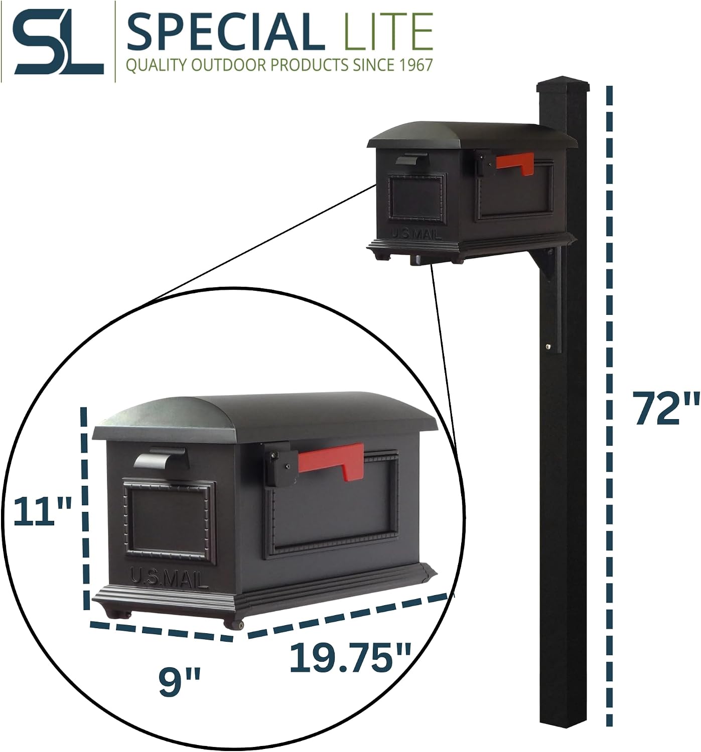 Special Lite Traditional Curbside Mailbox with Wellington Post - Black Aluminum Mailbox with Post - SCT1010_SPK720-BLK