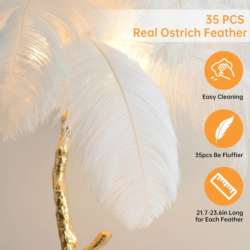 MAYOLA Luxury Resin Ostrich Feather Lamp, 35 Pieces Real Ostrich Feathers,Floor Lamp,for Living Room, Bedroom and Office 67' Tall Feather Lamp(White, Floor Lamp)