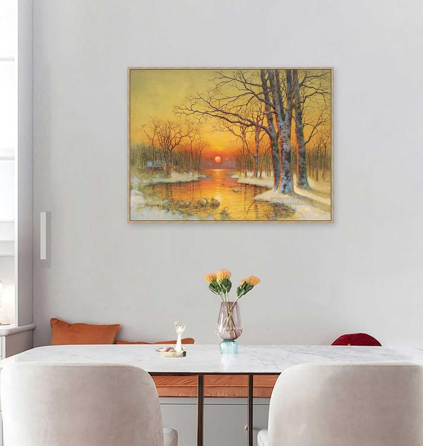 Toperfect 30 Original Landscape Paintings Winter Art Canvas, After Snow Wall Painting Nature, Trees by Water Room decor, Handmade Orange Warm Sunset Home Decorations by College Teachers 2
