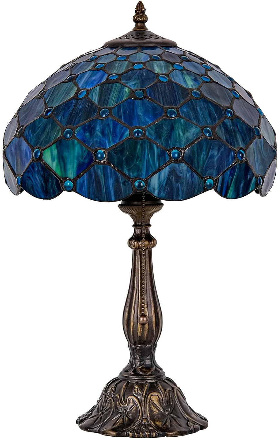 Tiffany Style Table Lamp Vintage Stained Glass Desk Lamp Sea Blue Pearls Bedside Reading Light Decor Bedroom Living Room Entry Home Office D12 xH18