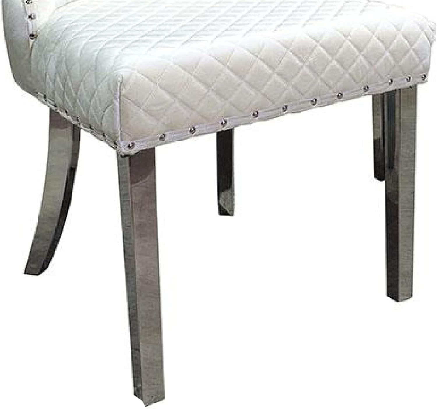 Anova Side Dining Chair Set of 2, Rivet Trim, Silver Stainless Steel, White Fabric