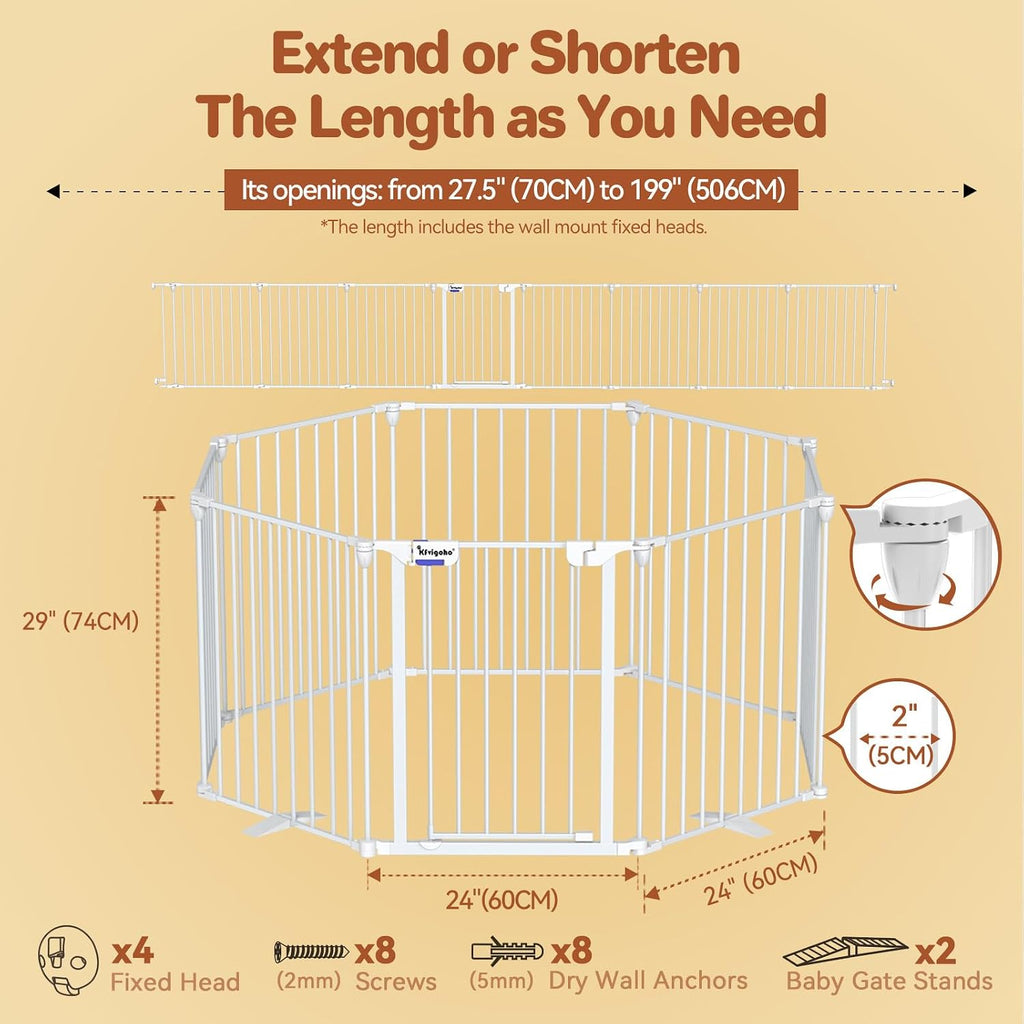 Baby Gate 27.5'-199' Extra-Wide Playpen with Stands Child Safety Fence | Play Yard, Dog Gate with Auto-Close Door, Double Locking System for Fireplace, Foldable 8 Panels, White 29' Height