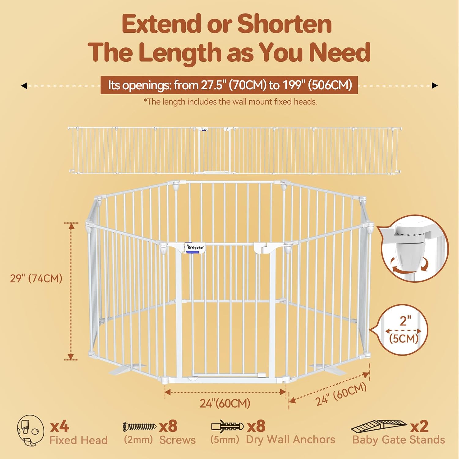 Baby Gate 27.5'-199' Extra-Wide Playpen with Stands Child Safety Fence | Play Yard, Dog Gate with Auto-Close Door, Double Locking System for Fireplace, Foldable 8 Panels, White 29' Height