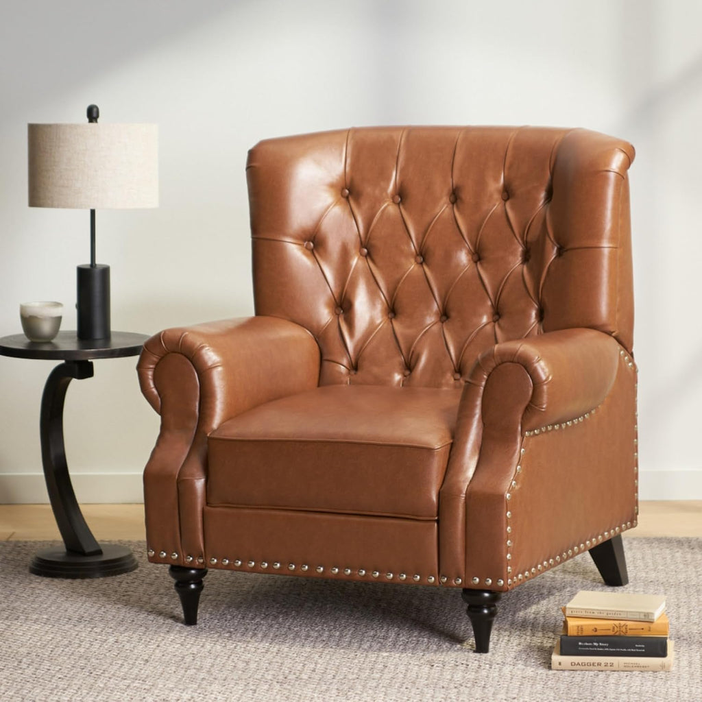 Classic Style Manual Push Back Chair with Exquisite Rivet Decor and Rolled Armrests, Ideal for Living Room Relaxation and Daily Seating (Light Brown + PU)