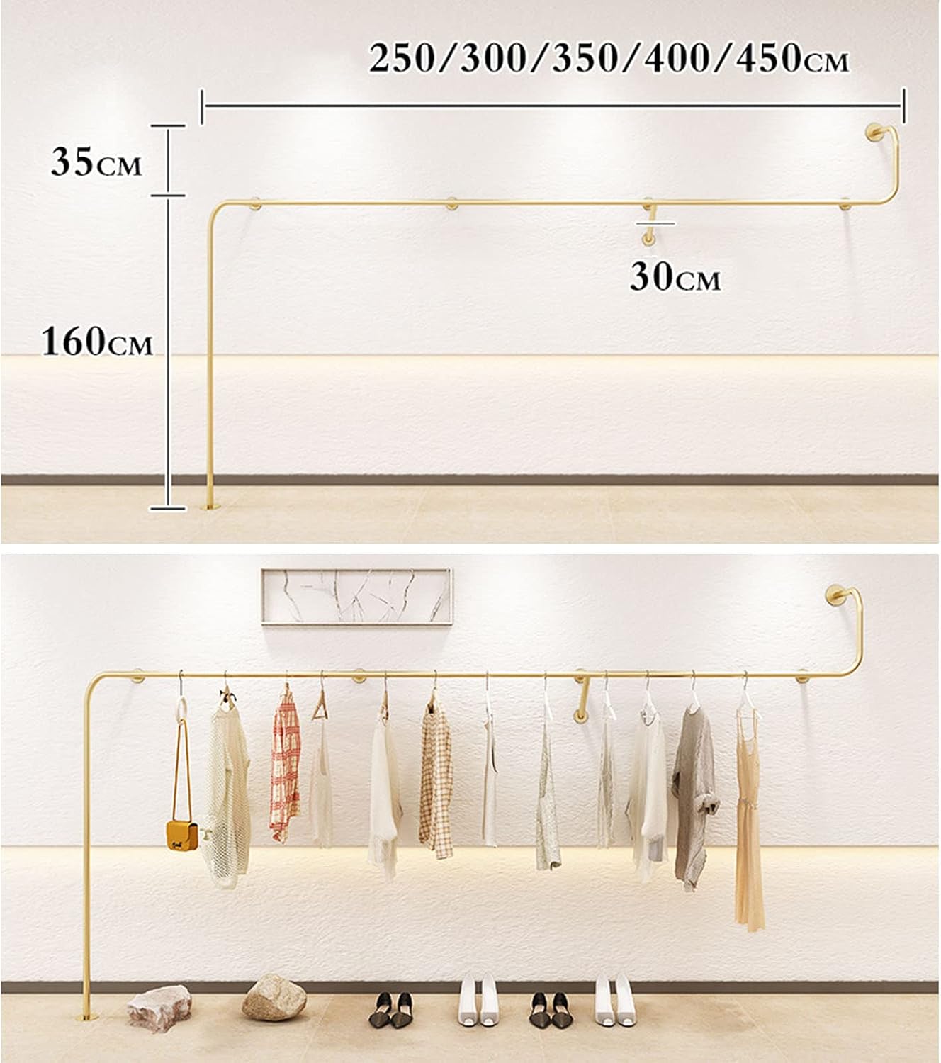 Creative Clothes Display Rack Wall Mounted Storage Clothes Hanging Shelf, Retail Store Garment Rack Organization Clothing Metal Hanging Rod, Heavy Duty Gold(One Color-250CM