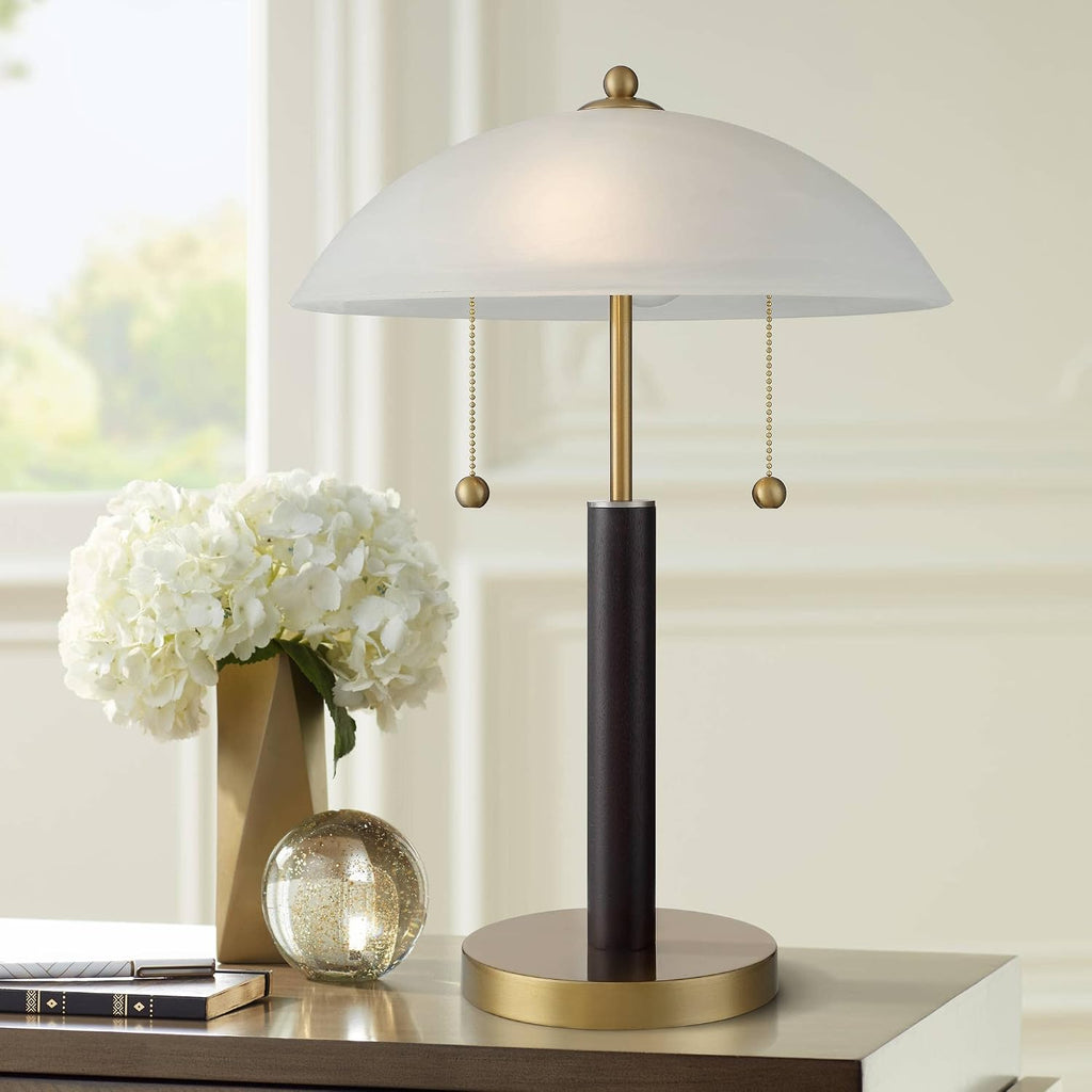 360 Lighting Orbital 19 1/2' High Small Mid Century Modern Accent Table Lamps Set of 2 Gold Wood Metal Glass White Dome Shade Living Room Bedroom Bedside Nightstand House Office Home Reading