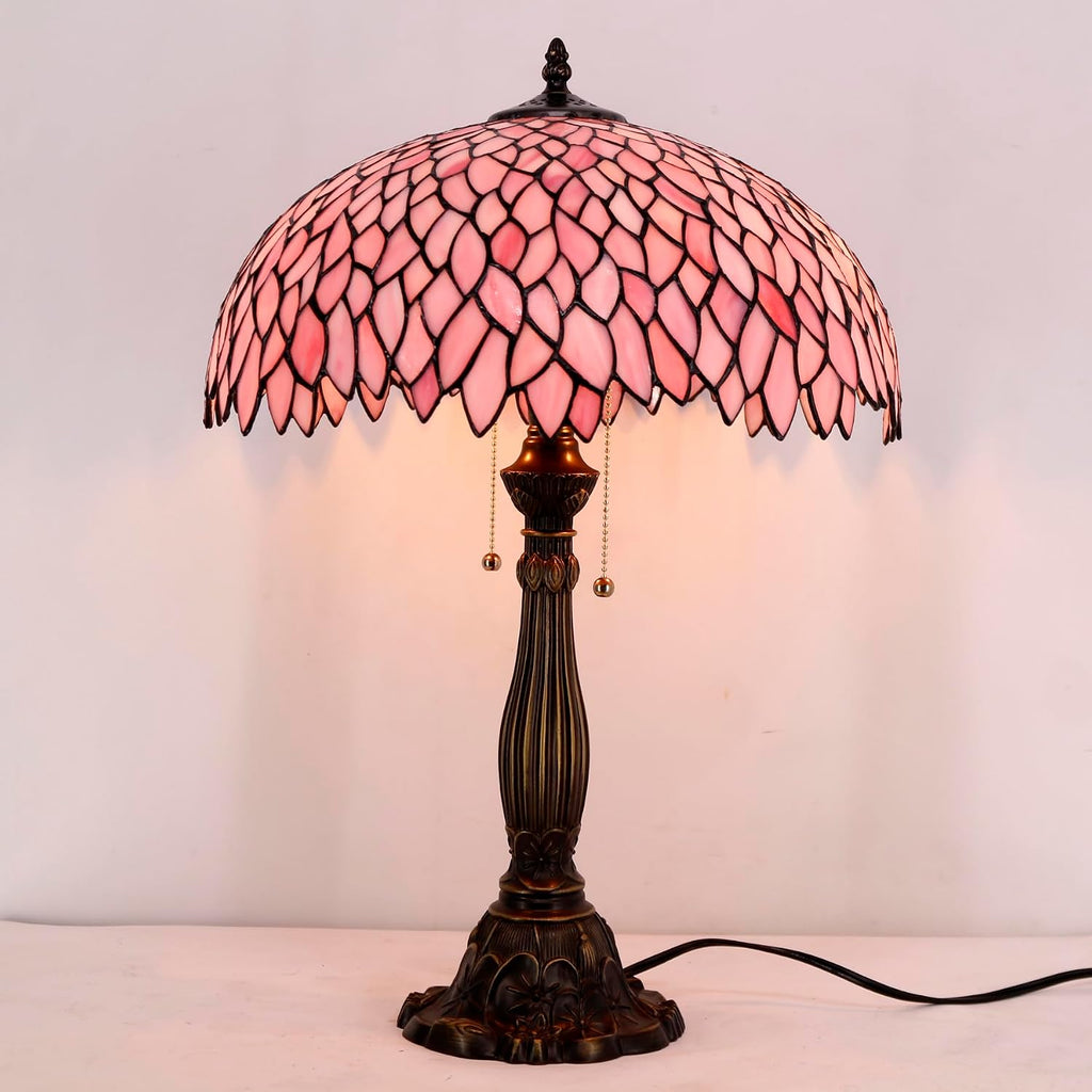 WERFACTORY Tiffany Lamp Stained Glass Style Bedside Table Lamp Pink Wisteria Desk Reading Light Resin Base 16X16X24 Inches Decor Bedroom Living Room Home Office S523P Series