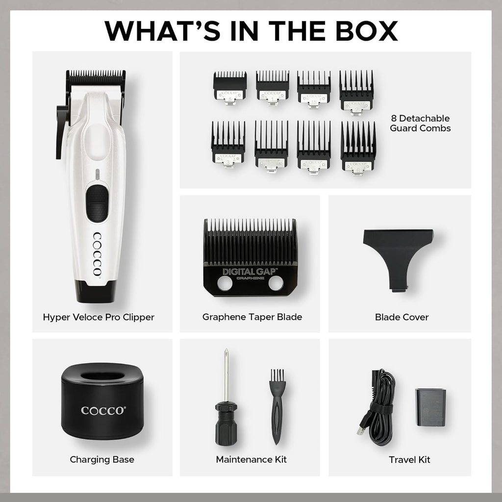 Cocco Veloce Pro Clipper, Digital Gap Ambassador Graphene Taper Blade Professional Hair Clippers, High-Torque BLDC Motor, All-Metal, Cordless, Charging Base Included