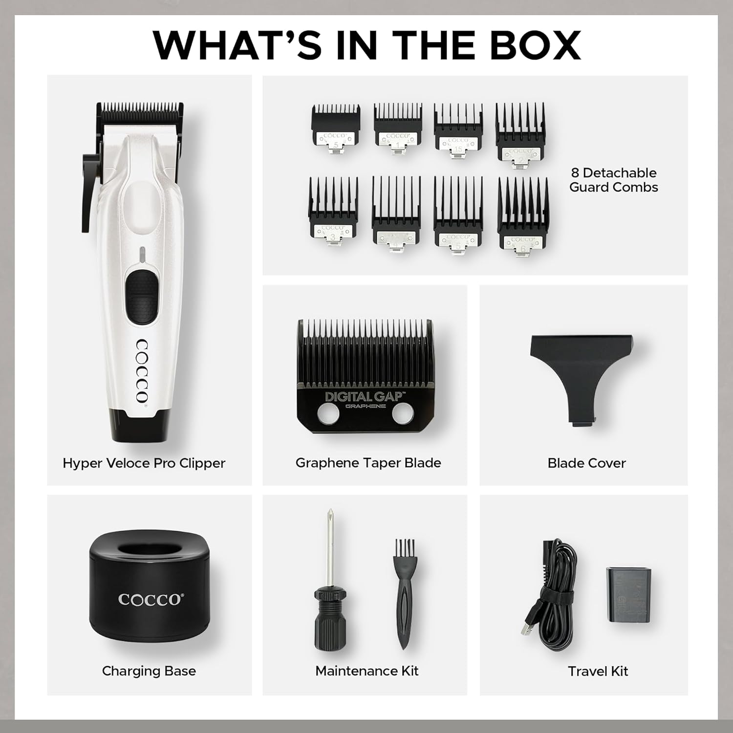 Cocco Veloce Pro Clipper, Digital Gap Ambassador Graphene Taper Blade Professional Hair Clippers, High-Torque BLDC Motor, All-Metal, Cordless, Charging Base Included