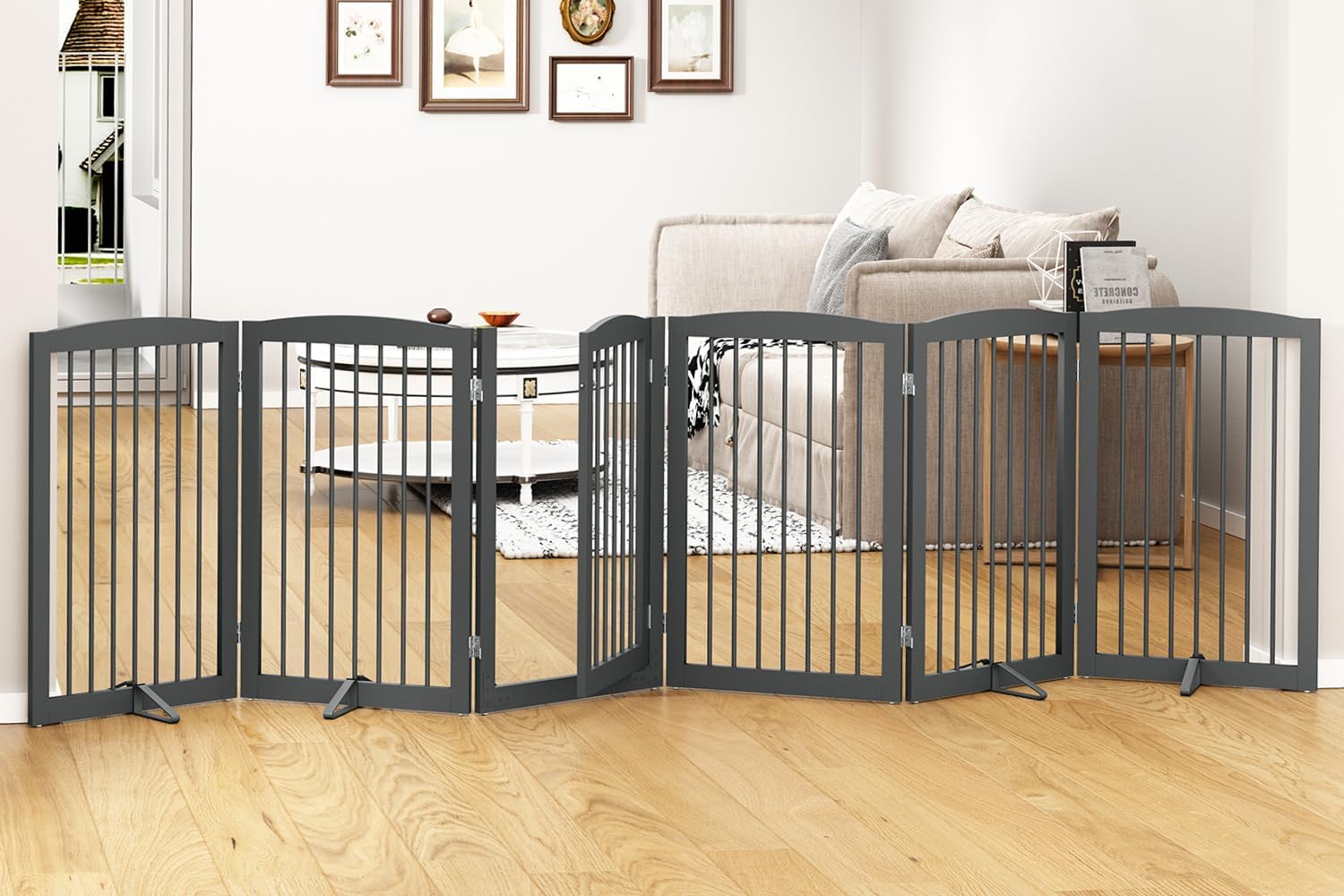 PUPETPO Freestanding Pet Gate with Door, Tall Dog Gate for House, Extra Wide, Pet Puppy Safety Fence, Support Feet Included, 120 Inch Wide, 6 Panels 32' Tall, Gray