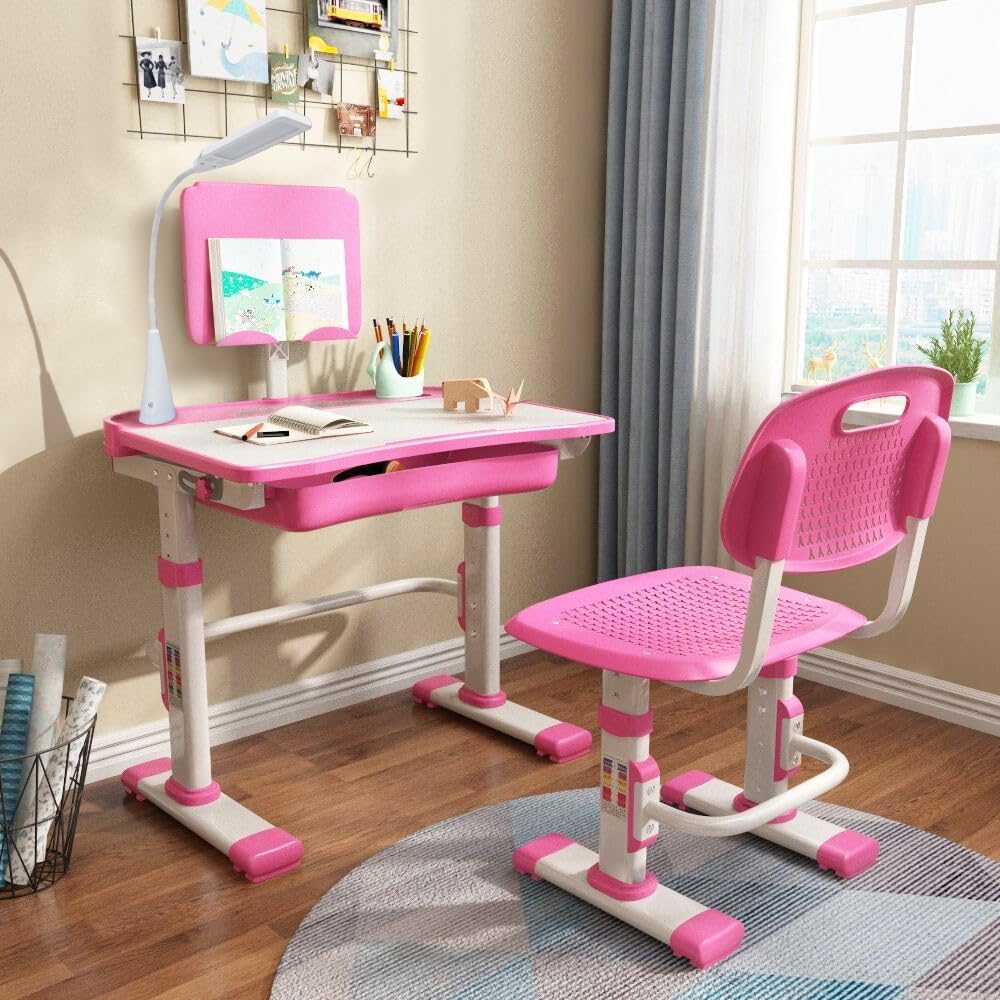 Cantonape Kids Desk and Chair Set, Height Adjustable Children School Study Desk with Tilt Desktop, Bookstand, LED Lamp, Metal Hook and Storage Drawer for Boys Girls, Pink