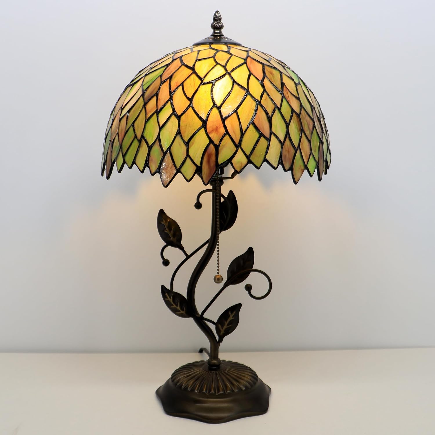 Tiffany Lamp Brownish Green Leafage Style Stained Glass Table Lamp Desk Bedside Reading Light 12X12X19 Inches with Metal Leaf Base