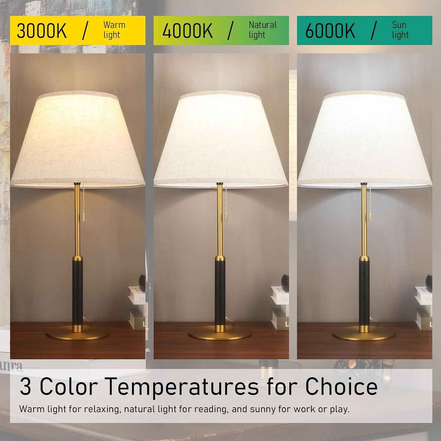 26.4' Set of 2 Mid Century Living Room Modern Table Lamp with Pull Chain, Bedside Lamps for Bedroom 3-Color Light, Wood/Metal/Fabric Nightstand Lamp for Home/Office/Desk (Light Brown+Brass)