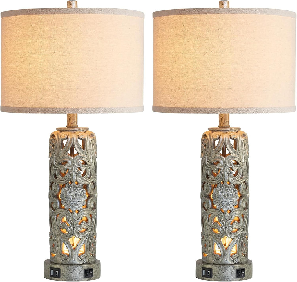 25'' Set of 2 Industrial Table Lamps for Living Room with Dual USB Ports, Vintage Resin Nightstand Lamp for Bedroom with Nightlight, Antique Rustic Desk Lamp for Entryway, 2 Bulbs Included