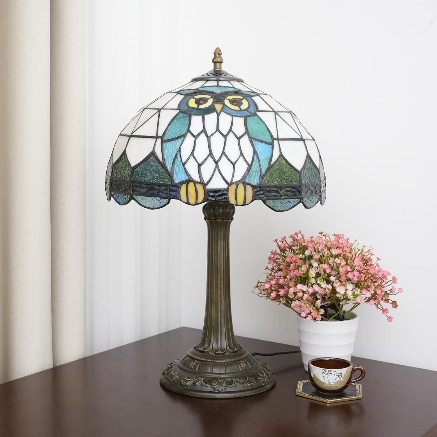 Tiffany Lamp Owl Animal Style Stained Glass Table Lamp Vintage Bedroom Bedside Light for Home Dorm Office Art Craft Antique Decor Accent Aesthetic Nightstand Reading Light 12x12x19 Inches
