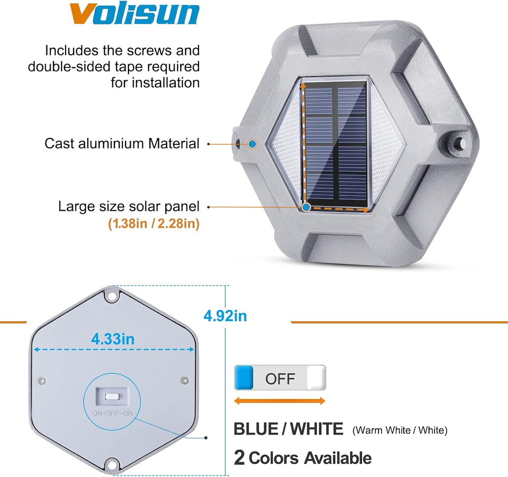 VOLISUN Solar Dock Lights, 16-Pack Waterproof Outdoor LED Aluminum Dock Lighting Warning Step Lights for Driveway (Blue+White, 2 Colors in 1), Auto On/Off
