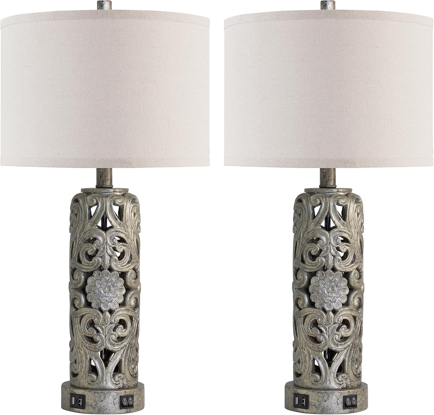 25'' Set of 2 Industrial Table Lamps for Living Room with Dual USB Ports, Vintage Resin Nightstand Lamp for Bedroom with Nightlight, Antique Rustic Desk Lamp for Entryway, 2 Bulbs Included