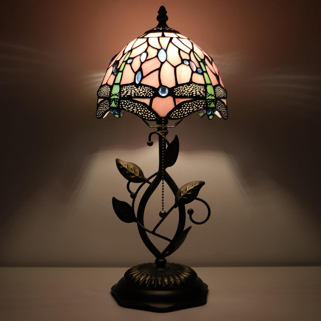 Small Tiffany Lamp Pink Dragonfly Style Stained Glass Table Lamps Desk Bedside Reading Light 8X8X18 Inches with Bronze Metal Leaf Resin Base