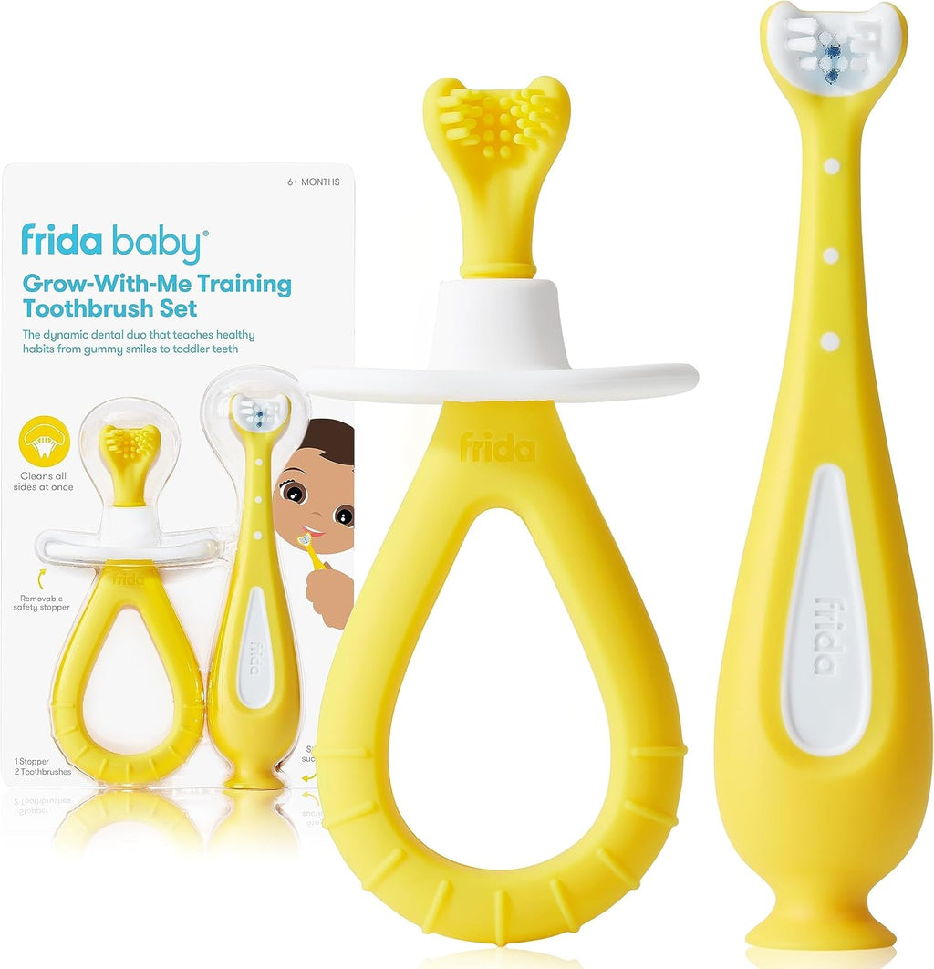 Frida Baby Grow-with-Me Training Toothbrush Set,Infant Baby Tooth Brush & Toddler Toothbrush 6-18 Months,Soft Silicone Bristles,BPA-Free Oral Care for Sensitive Gums,Yellow,(Pack of 12)