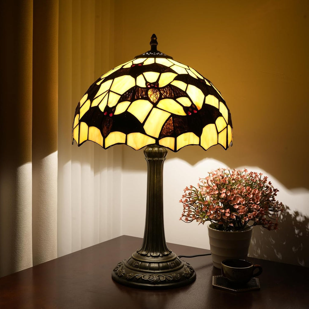 Tiffany Lamp Black Bat Style Stained Glass Table Lamp Vintage Bedroom Bedside Light for Home Dorm Office Art Craft Antique Decor Accent Aesthetic Nightstand Reading Light 12x12x19 Inches