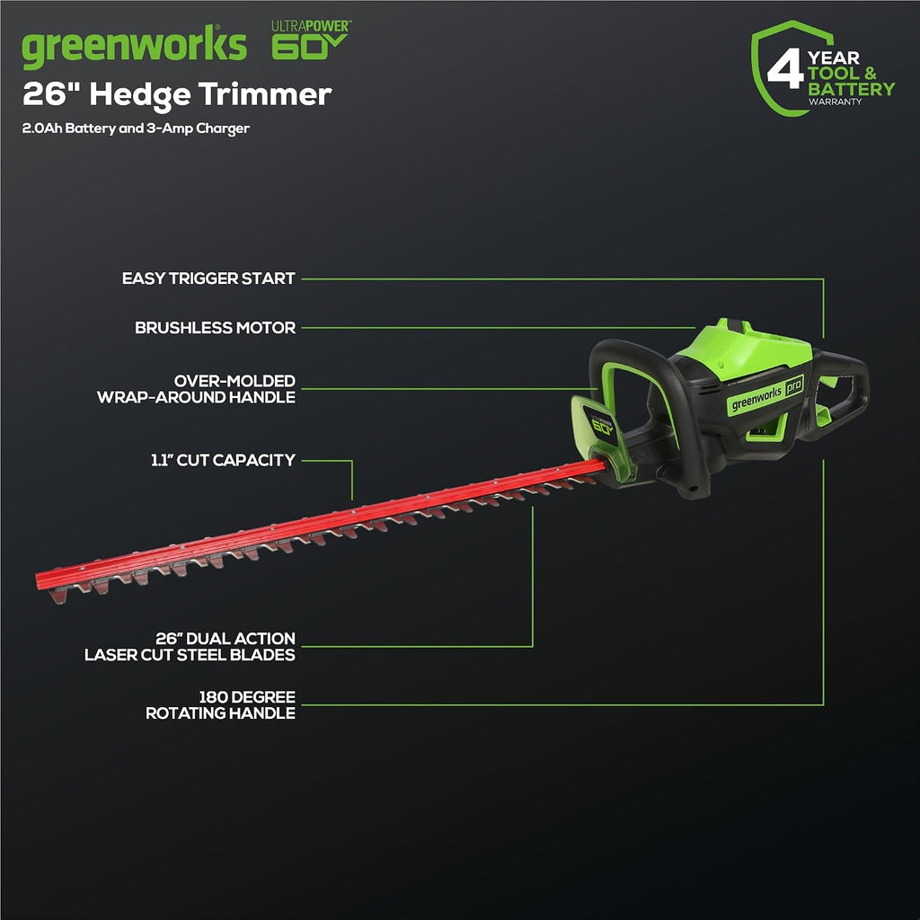 Greenworks 60V 26' Brushless Cordless Battery-Powered Hedge Trimmer, 2.0Ah Battery and Charger Included
