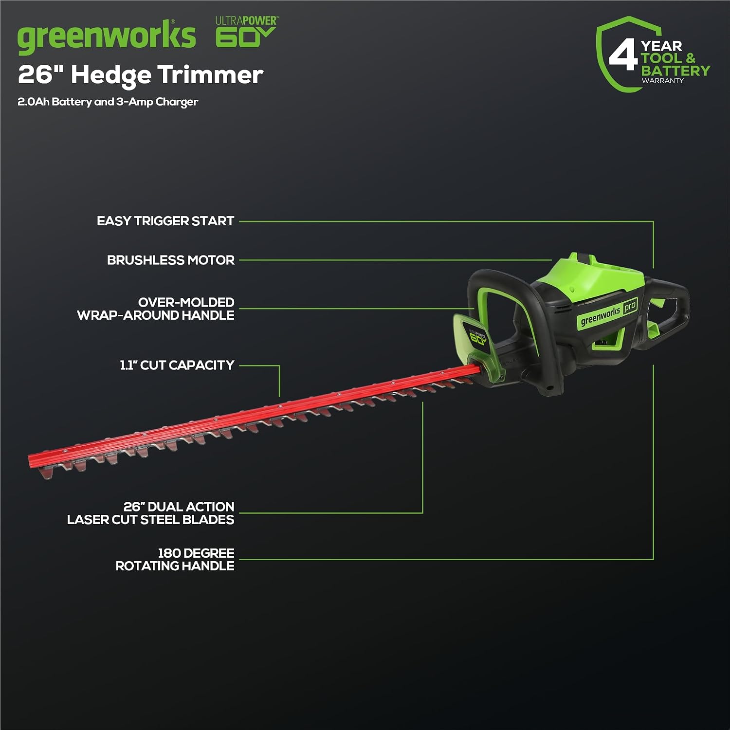 Greenworks 60V 26' Brushless Cordless Battery-Powered Hedge Trimmer, 2.0Ah Battery and Charger Included