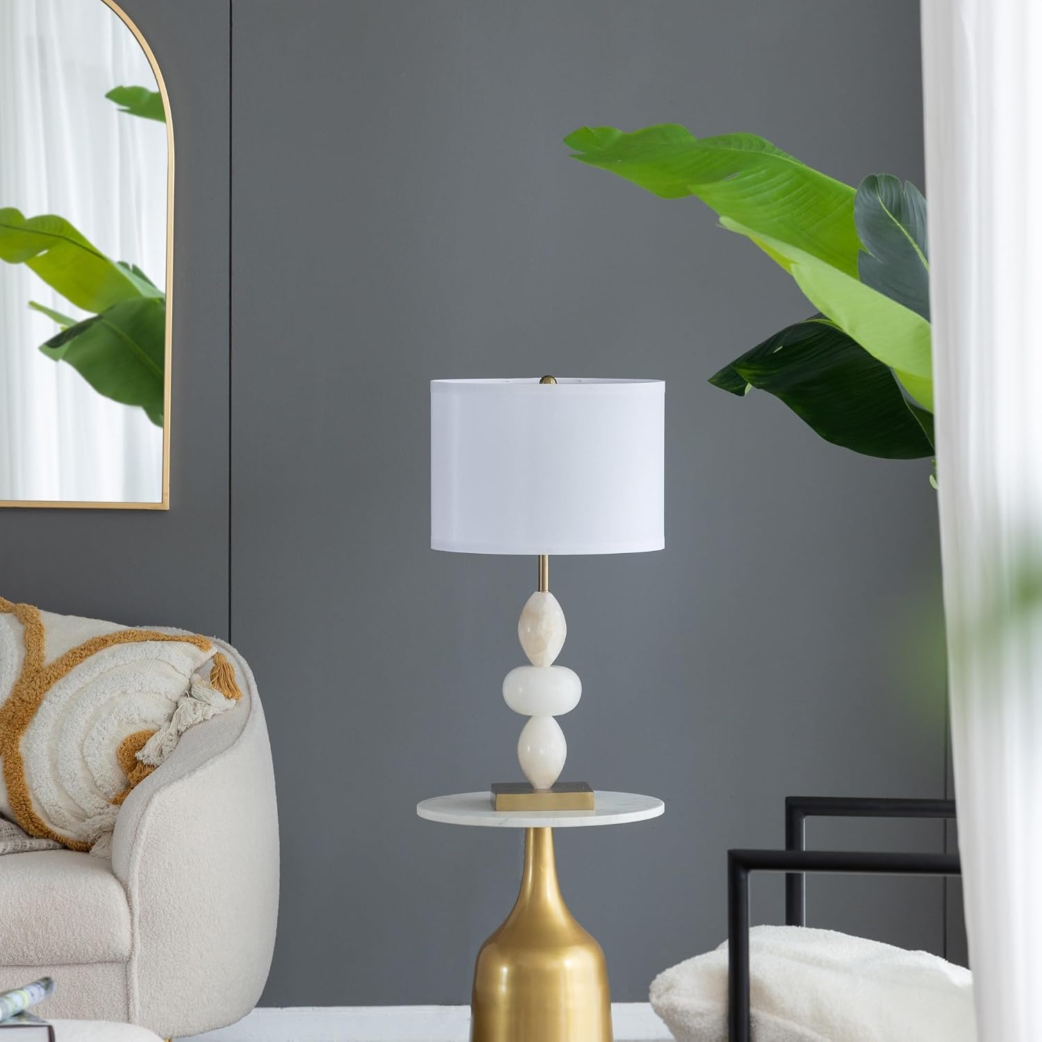 Montary 26.3' White and Gold Three Tiered Round Alabaster Table Lamp with Drum Shade, Contemporary Aesthetics Bedside Desk Lamp for Bedroom Living Room Office Café Bookcase Home Decor