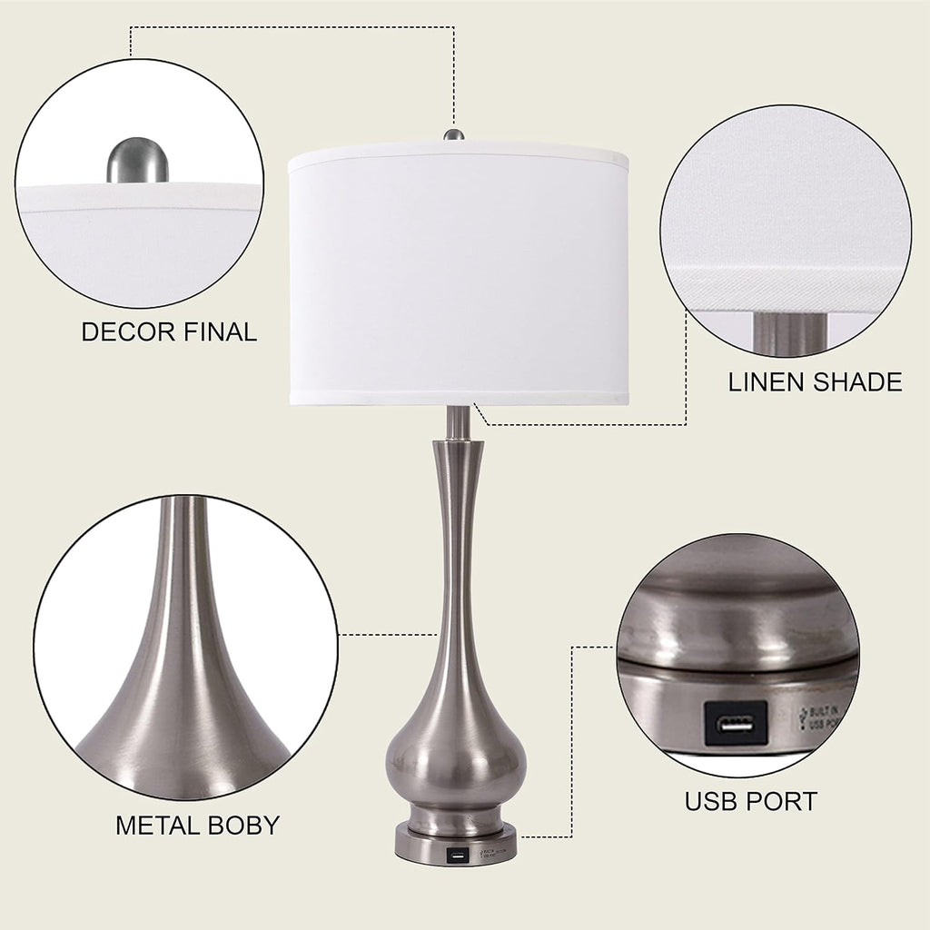 30' Large Modern Table Lamps Set of 2 for Living Room Bedroom with USB Charging Port,3-Way Dimmable Brushed Steel Nightstand Lamp Sets Bedside Touch Desk Lamp with White Fabric Shade (Bulb Included)