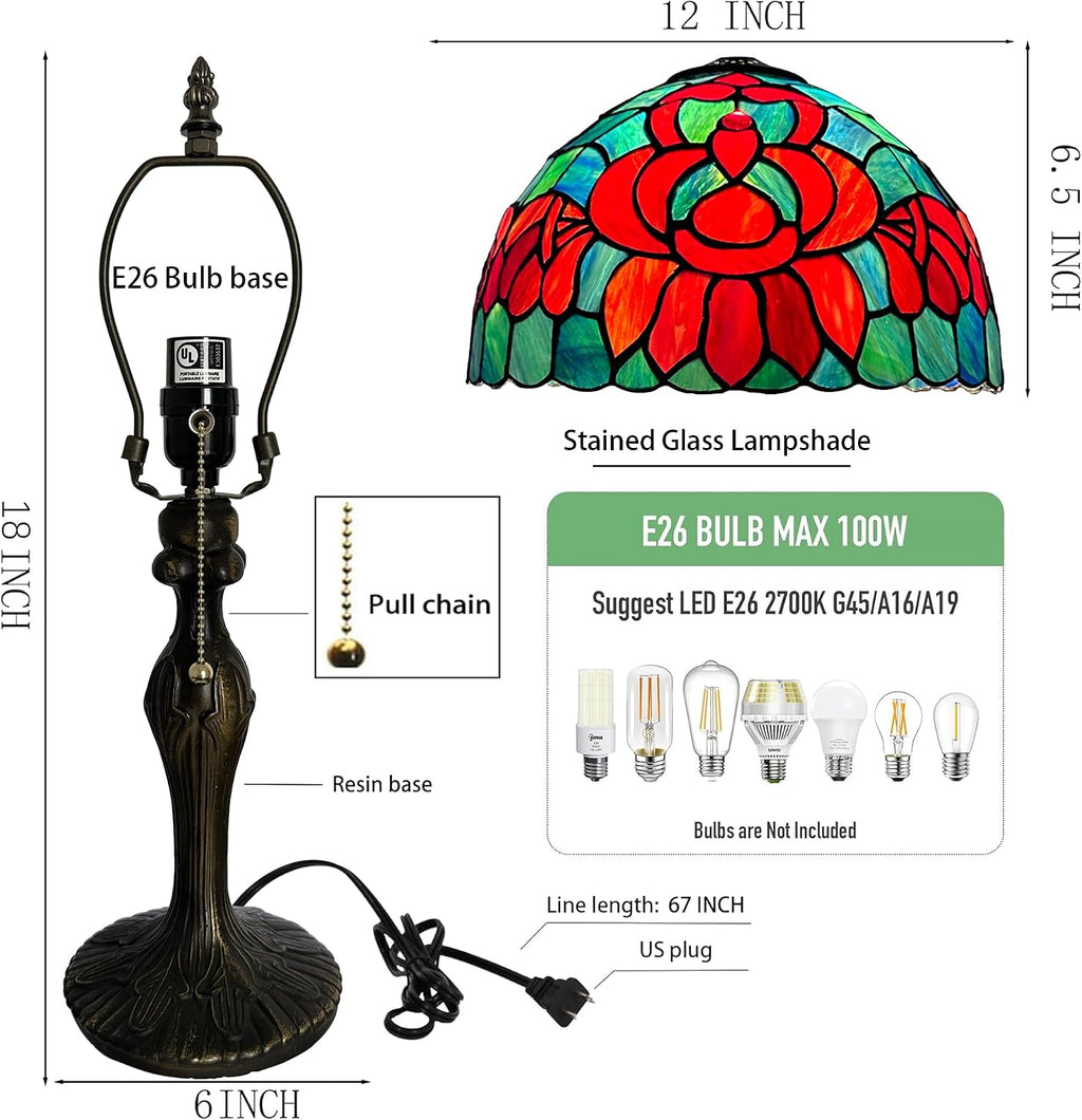 Tiffany Lamp Stained Glass Table Lamp Bedside Reading Lamp 12 x 19' Lotus Style Decorative Lamp for Desk Living Room Bedroom Study Office Light Home Decor Ambient Gift