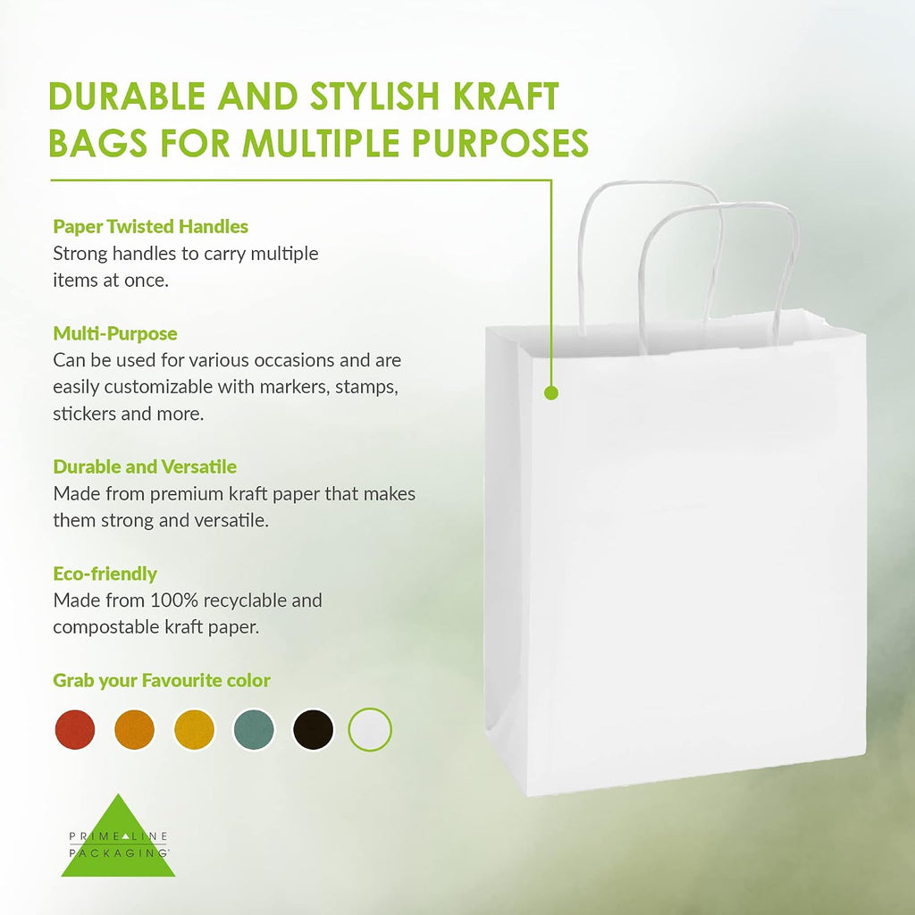 Prime Line Packaging White Paper Bags, Kraft Gift Bags with Handles for Small Business, Boutique, Retail, Shopping, Birthdays, Party Favors, Bulk, 8x4x10, 400 Pack