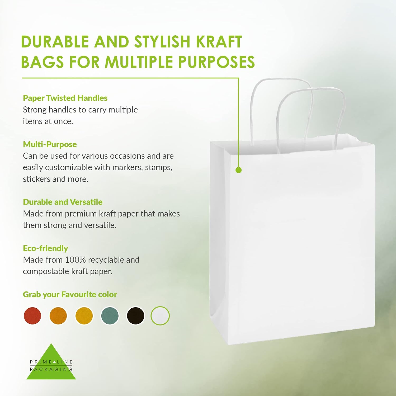 Prime Line Packaging White Paper Bags, Kraft Gift Bags with Handles for Small Business, Boutique, Retail, Shopping, Birthdays, Party Favors, Bulk, 8x4x10, 400 Pack