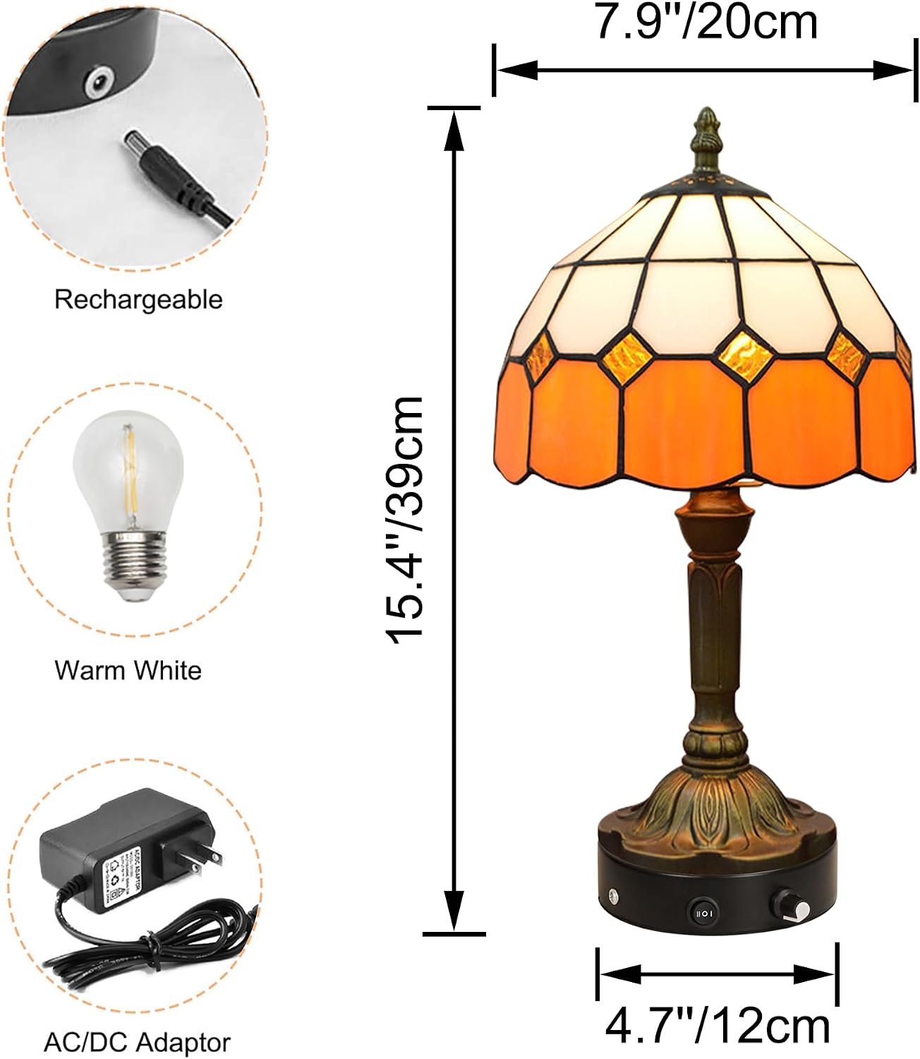 Kiven Cordless Table Lamp, Dimmable Bedside Lamps for Nightstand with Orange Glass Lampshade, Tiffany-Style Rechargeable Desk Lamp for Reading Home Decor Bedside,1-Light