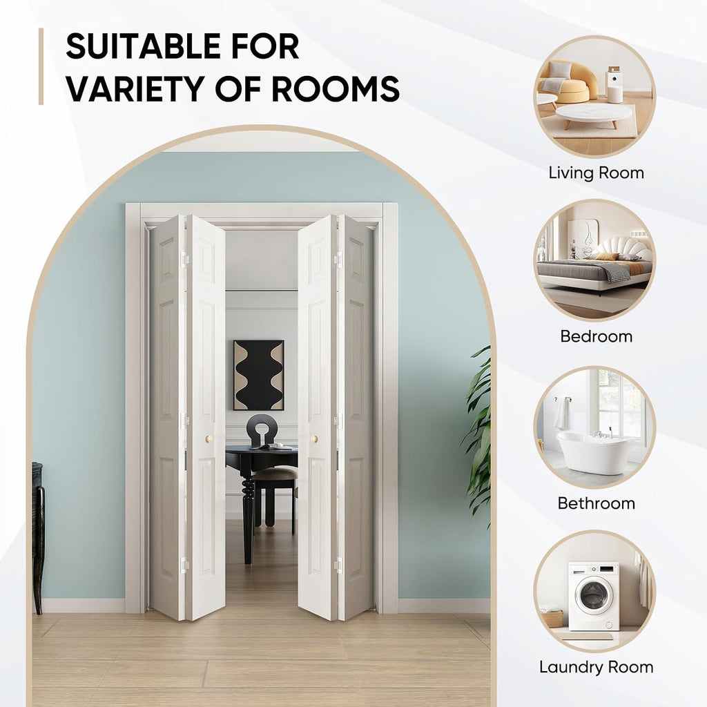 JUBEST Bifold Doors, 6 Panel Primed Bifold Closet Doors for 48'x80' Door Opening, Modern White Hollow Core Bi-Fold Door Slab with Hardware Kit & Knob, Widely Used, Primed