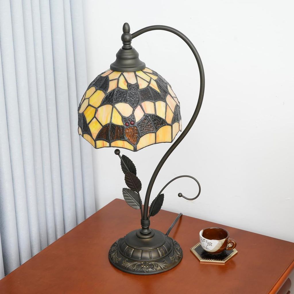 Tiffany Table Lamp Black Bats Stained Glass Bedside Lamp Tiffany Style S Metal Leaves Desk Light for Home Living Room Office Dormitory Bar Family Friends Gift
