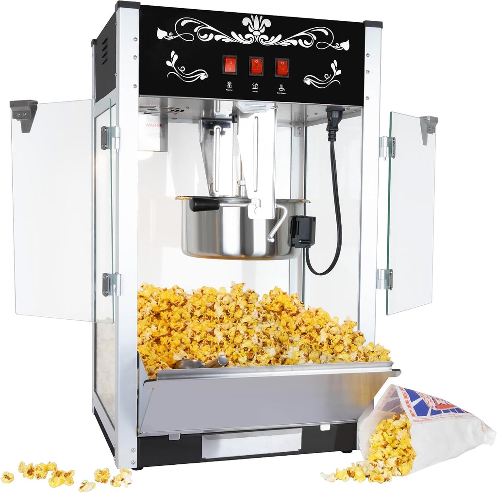 Commercial Popcorn Machine, 16 Oz Kettle, 1440 W, Movie Theater Popcorn Machine, Black Tabletop Pop Corn Machine with 3-Switch Control & Steel Frame Tempered Glass Doors(Black, 16 oz)