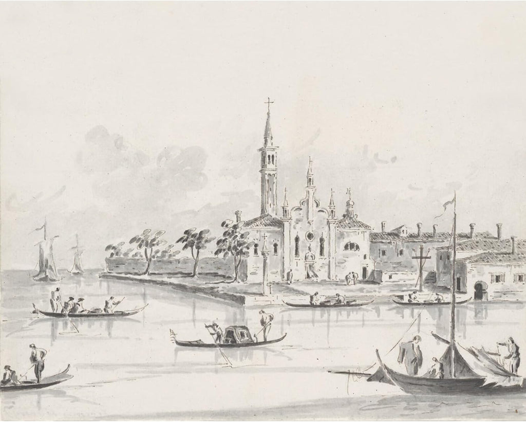 Black White Harbor Watercolor Art: Peaceful 18th Century Coastal Scene, Classic Cityscape Watercolor Monochrome, Christian Church on Shore, Ships, Vessels. Handmade Wall decor by College Teachers
