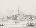 Black White Harbor Scenery Watercolor Painting: Peaceful 18th Century Classic Cityscape Watercolor Monochrome, Christian Church on Shore, Ships, Vessels. Handmade Home decor by College Teachers