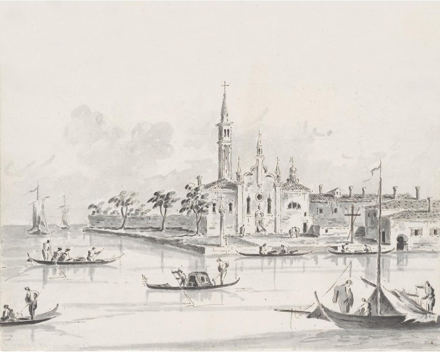 Black White Harbor Scenery Watercolor Painting: Peaceful 18th Century Classic Cityscape Watercolor Monochrome, Christian Church on Shore, Ships, Vessels. Handmade Home decor by College Teachers