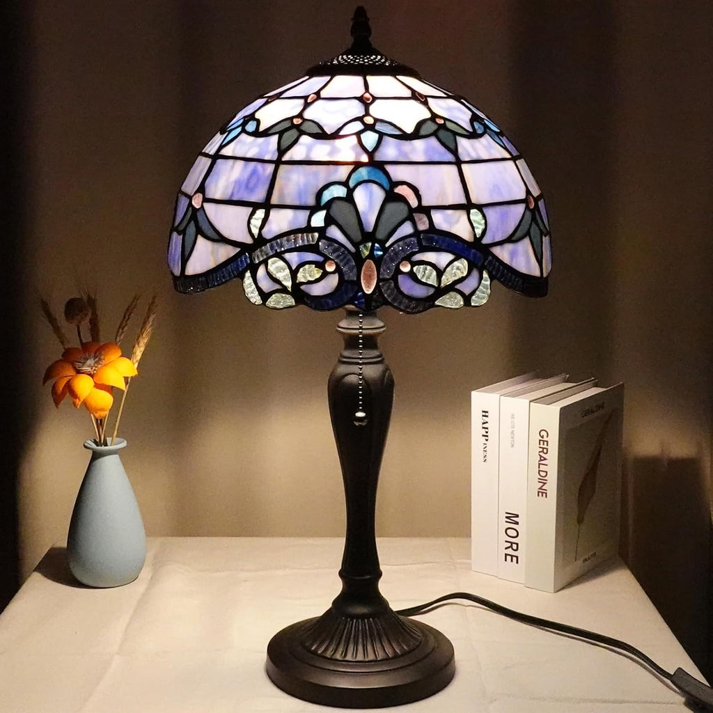 TL0015 Tiffany Table Lamp, Blue Baroque Stained Glass Shade, W12×OH21.5in, LED Bulb Included, for Bedroom Living Room (Blue Baroque)
