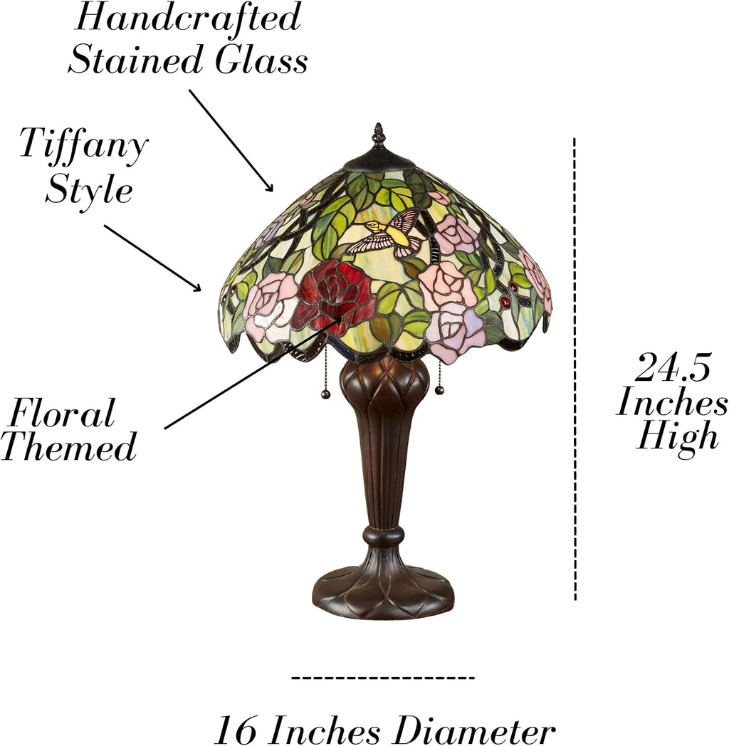 Touch of Class Roses Hummingbird Stained Glass Table Lamp - Tiffany Style - Art Nouveau Inspired - Pink, Green, Floral Theme for Bedside, Office Desk, Bedroom, Living Room